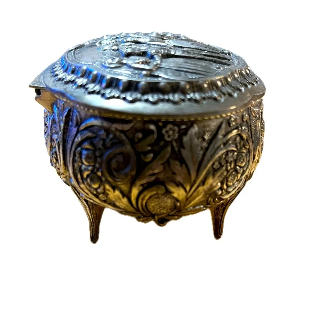 English Pewter Ornate Footed Trinket Box Blind Man's Bluff Scene
